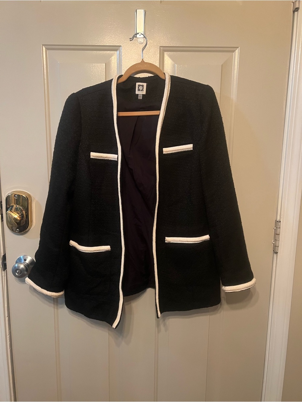 Anne Klein Black Bouclé Open-Front Jacket with White Trim